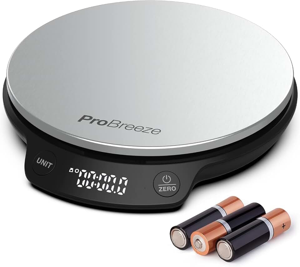 Pro Breeze Küchenwaage digital bis 5 Kg - Professionelle Digitalwaage für präzise Messgenauigkeit bis zu 1g, inkl. Flüssigkeitsmessung, mit großem LCD-Display und Tara-Funktion - Silber/Edelstahl
