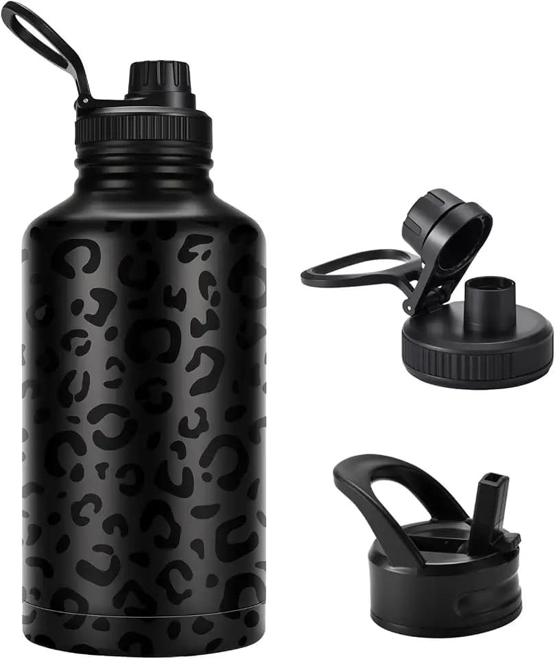 FOLAI Edelstahl Auslaufsichere Trinkflasche 2L Mit Strohhalm,Erwachsene GroßE Fitnessstudio Sportflasche,Bpa Frei Wasserflasche Gym,SpüLmaschinenfest,FüR KohlensäUrehaltige GeträNke(Leopardenmuster)