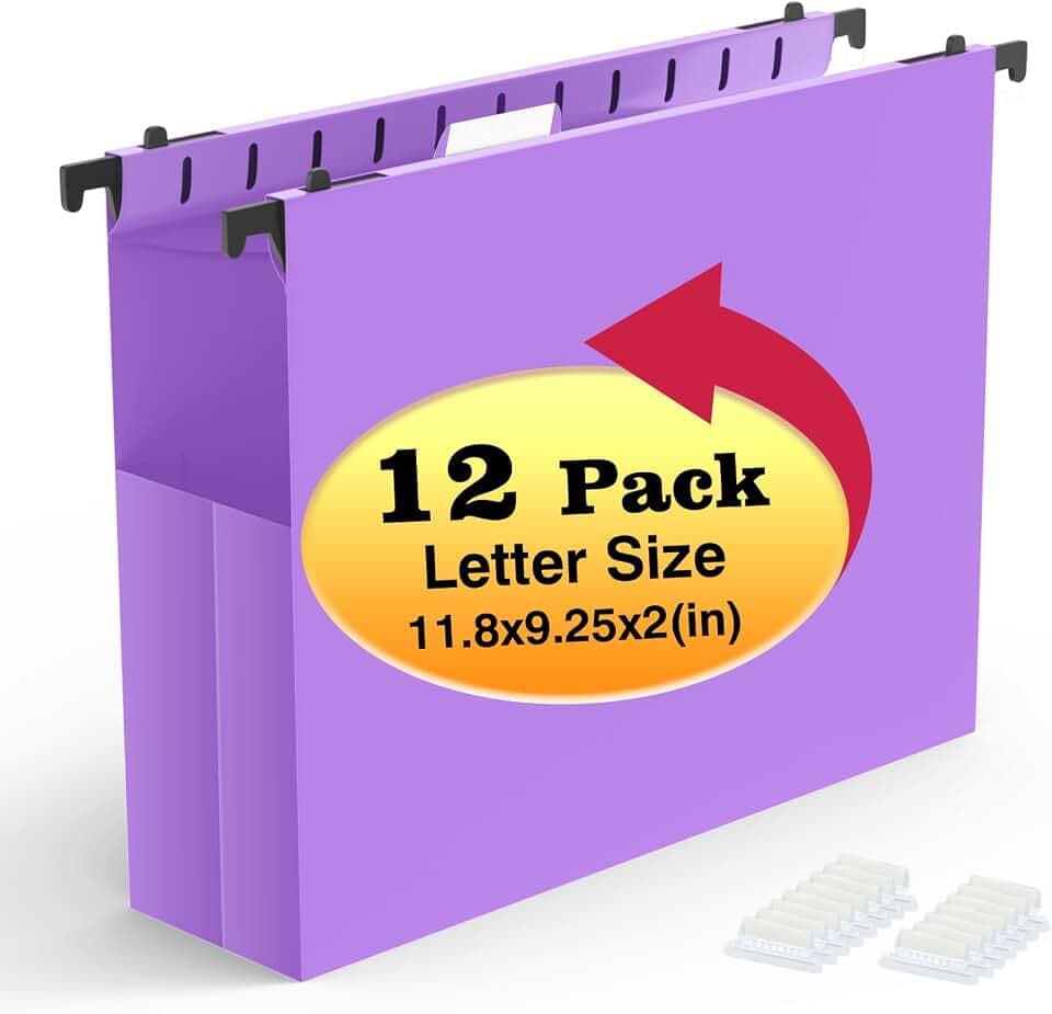 SHUTEX Extra Capacity Plastic Hanging File Folders, 12 Pack, Letter, Purple