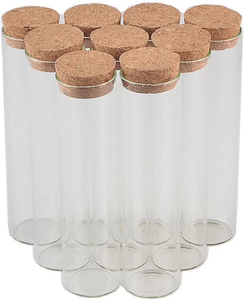 Flaschen, aus Glas, Reagenzglas, transparent, mit Korken, Fassungsvermögen von 15 ml bis 110 ml, Außendurchmesser 30 mm, 12 oder 50 Stück, Holz Glas, durchsichtig, 50ml