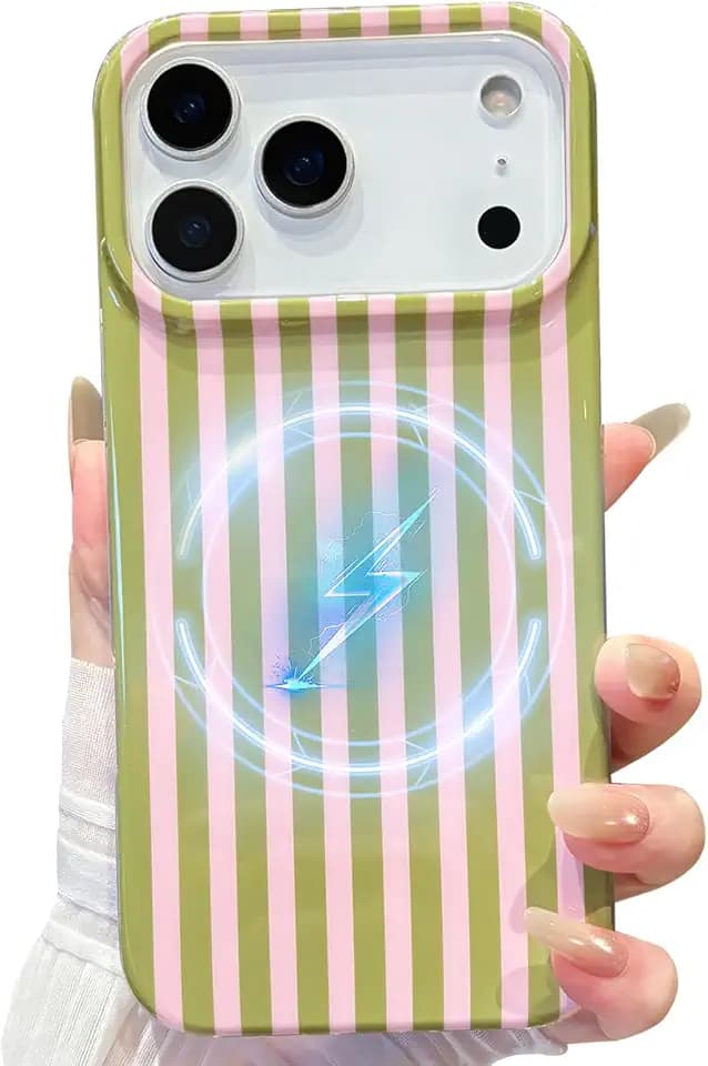 Magnetic for iPhone 17 Pro Case Striped Phone Case Cute Women Girly Trendy Compatible with MagSafe,Shockproof Slim Soft TPU and Hard Back Protective Cover Pink Green