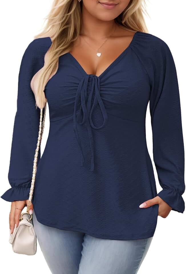 VISLILY Womens-Plus-Size-Tops Dressy V Neck Puff Ruffle Sleeve T Shirts Trendy Eyelet Blouses Casual Drawstring Loose Tunics