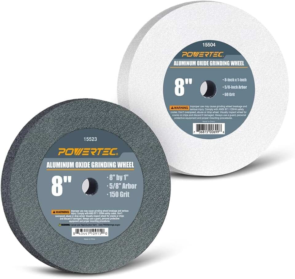 POWERTEC Bench Grinder Wheel 8 Inch 60 & 150 Grit, White Aluminum Oxide Grinding Wheel for Bench and Pedestal Grinder, 1" Thick 5/8" Arbor, Sharpening & Shaping Drill Bits, Blade, Chisel, 2PK (15528)