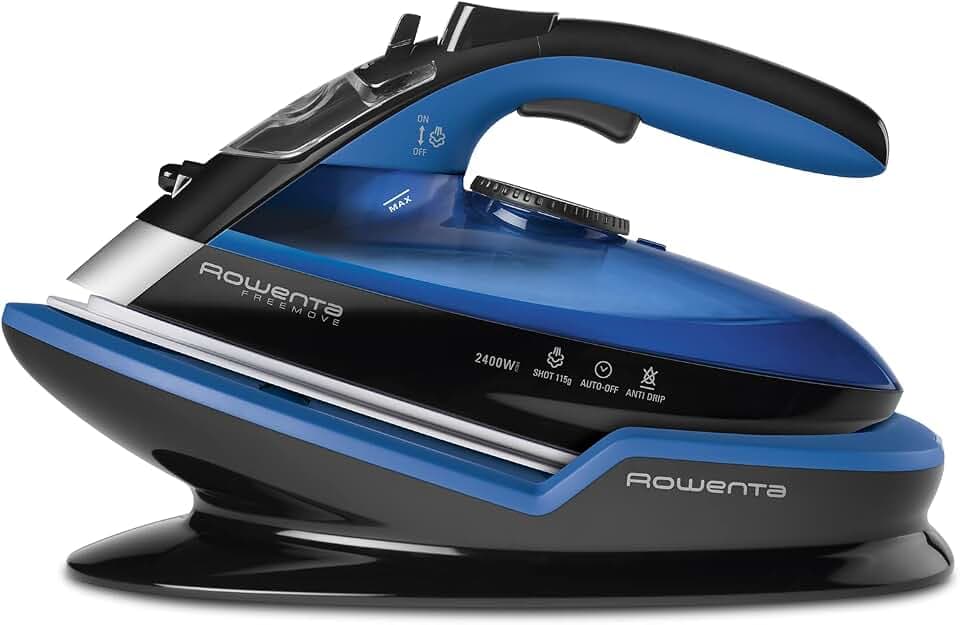 Rowenta Freemove Dampfbügeleisen kabellos, 2400W, 27 g/min kontinuierliche Dampfleistung, 115 g/min Dampfstoß, kabellose Technologie, ergonomisches Design, blau/schwarz, DE5010