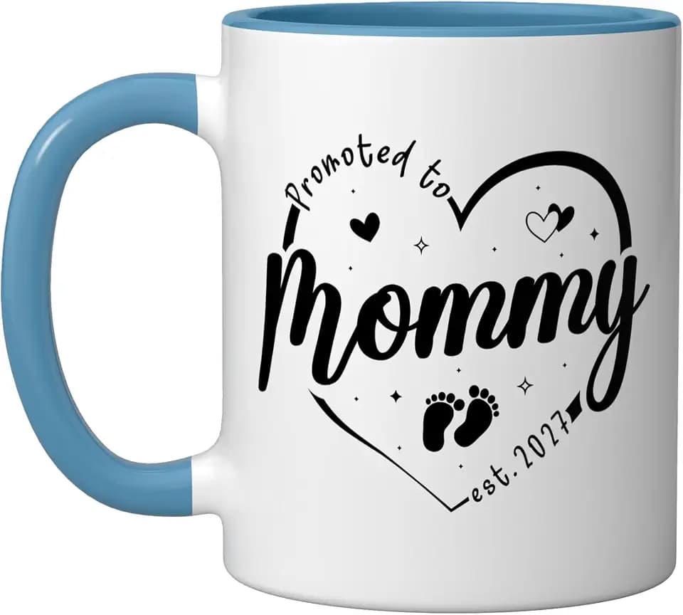 Promoted to Mommy Est 2027 Soon to be New Mom Finally Heart Ceramic Mug, Blue/White