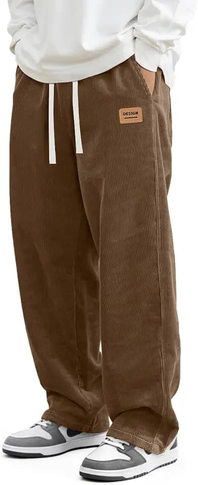 JEMLDL Mens Corduroy Pants Drawstring Elastic Waist Casual Pants Straight Baggy Sweatpants with Pockets