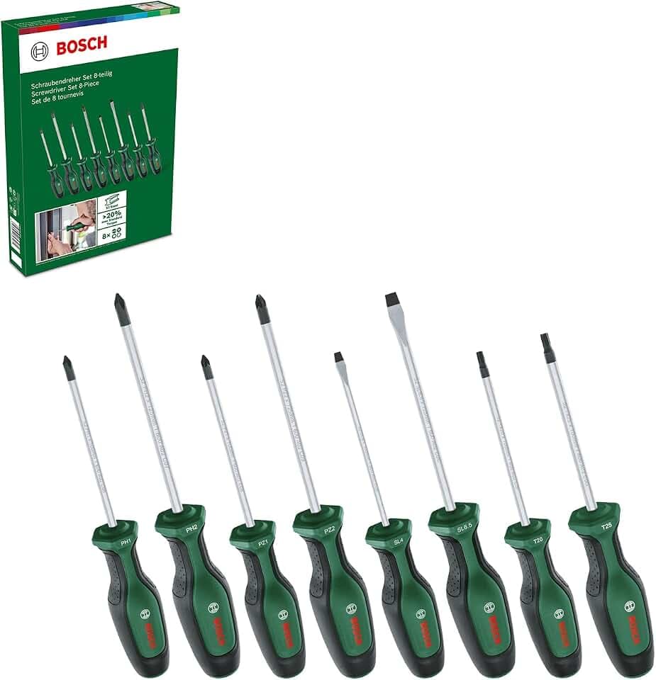 Bosch Schraubendreher-Set, 8-teilig (Hochwertiger Schraubenzieher- Satz für Heimwerker; erstklassiger S2-Stahl; Softgrip; magnetische Spitze)
