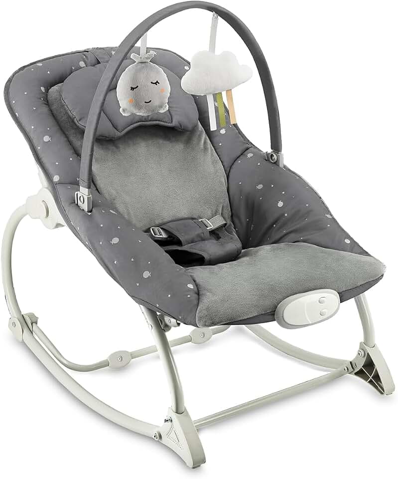 MoMi Babywippe LAPIS für Babys bis 12 kg, Batteriebetrieb, 3-Punkt-Sicherheitsgurt, Bügel und 2 Spielzeuge, 3-fach verstellbare Rückenlehne, 8 Melodien, Lautstärkeregelung, 3 Vibrationsmodi