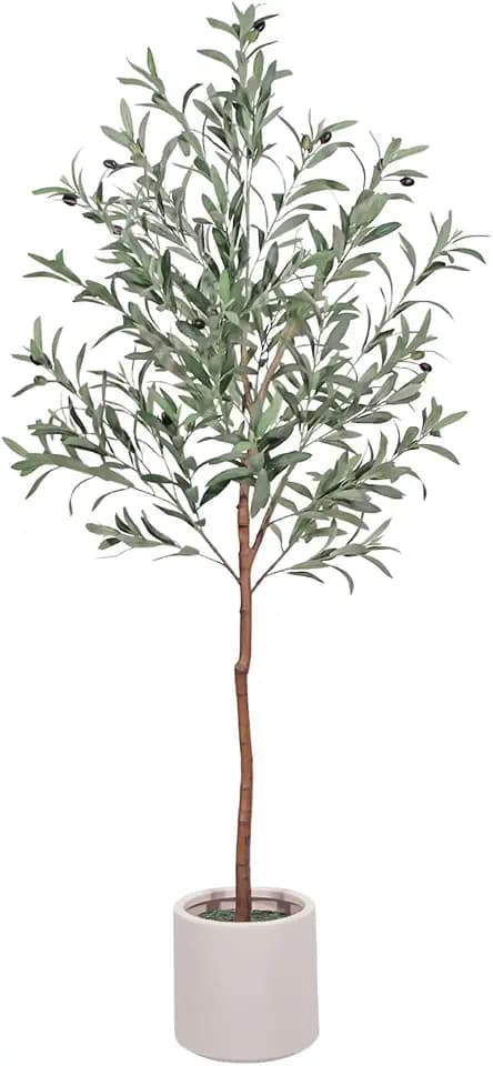 Olive Trees Artificial Indoor, 5ft Artificial Plants Indoor with White Planter, Lifelike Fruits and Realistic Leaves - Indoor Tall Faux Olive Trees for Modern Home Office Living Room Decor