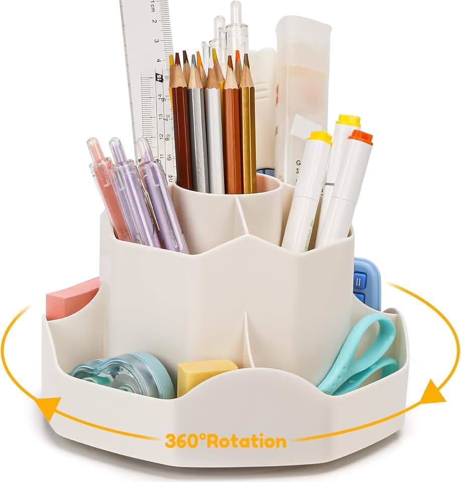 Euqvunn Drehbarer Schreibtisch Organizer, Stiftehalter Kinder mit 9 Fächern, 360° Stifte Organizer Platzsparender Stiftehalter Schreibtisch, Moderne Schreibtisch Zubehör Ordentlich(Beige)