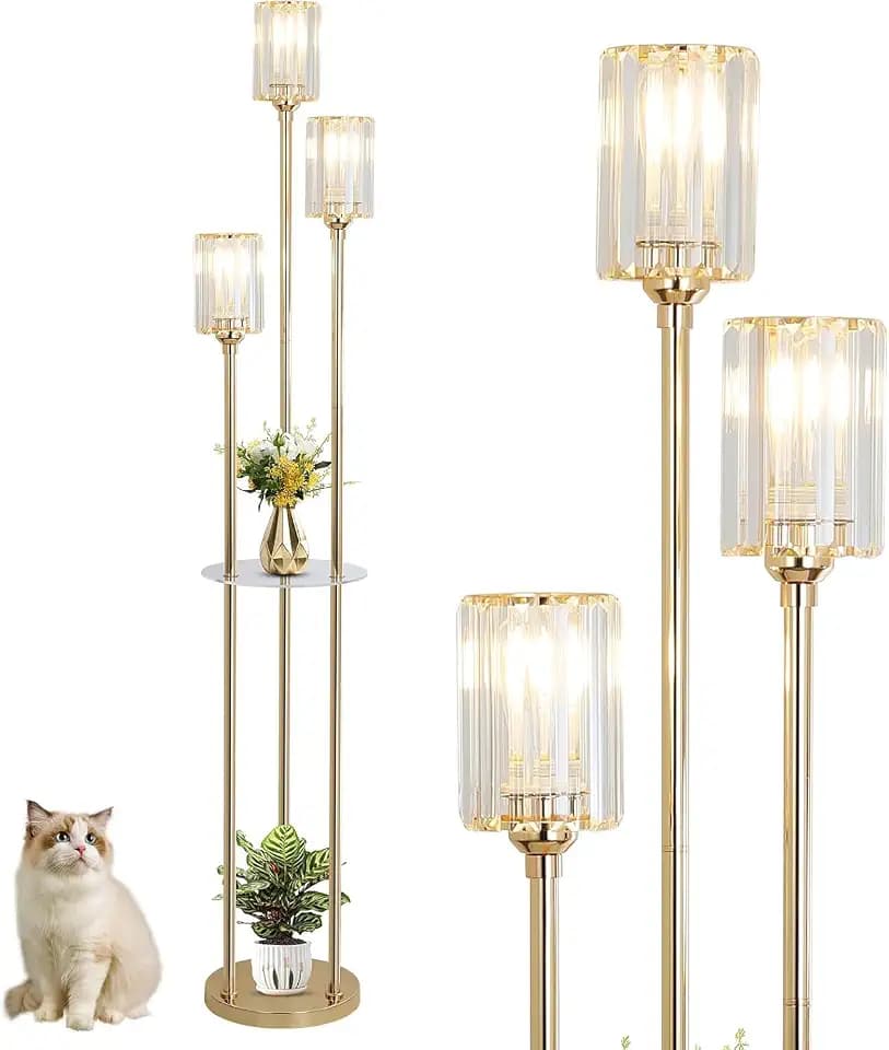 Rayofly Gold Stehlampe Wohnzimmer, Modern Stehlampe mit Regal, 3-flammige Vintage Stehleuchte mit Glas Lampenschirm & Fußschalter, Kristall Stehlampen für Schlafzimmer Büro, Glas Stehlampen Wohnzimmer
