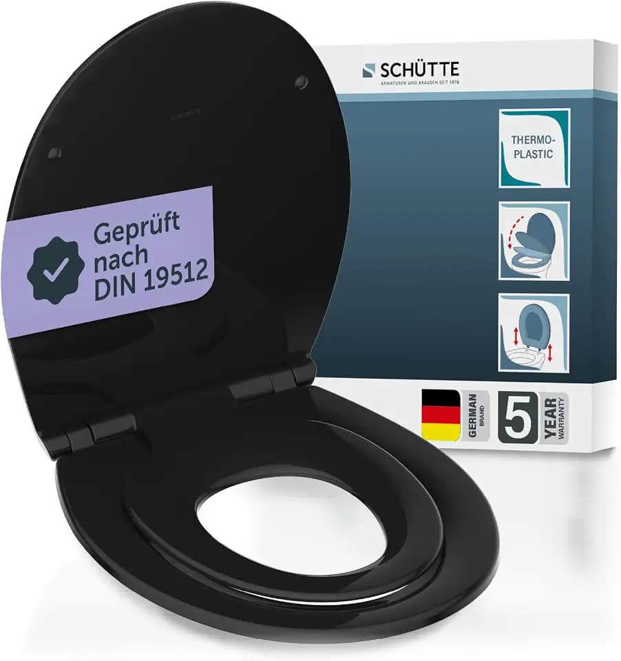 SCHÜTTE WC Sitz mit integriertem Kindersitz, Absenkautomatik – thermoplast, 300kg Belastbar, Montageschablone & 5 Jahre Garantie, Premium Klodeckel & Klobrille mit Kindereinsatz (Abnehmbar), Schwarz