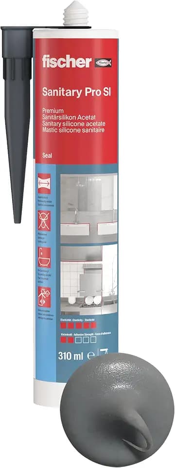 fischer Premium-Sanitärsilikon, Silikon zum Abdichten & Verfugen im Sanitär- und Küchenbereich, Kartusche für zahlreiche Anwendungen und Baustoffe, Langzeitschutz vor Schimmel, 310 ml, dunkelgrau