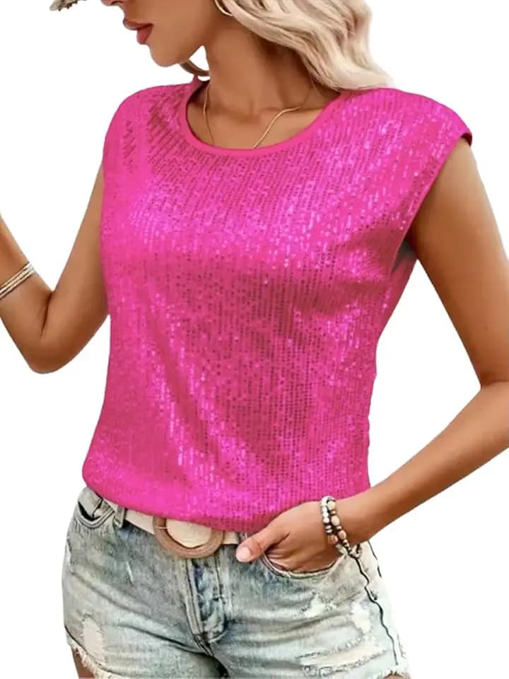 ZOCANIA Women Sequin Tank Tops Crew Neck Cap Sleeve Blouse Sleeveless Sparkly Glitter Club Party Tee Shirts Datenight Outfits