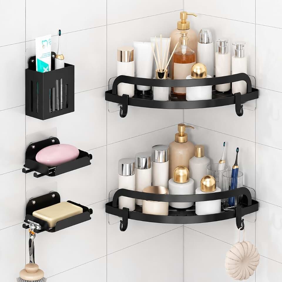 Duschablage Ohne Bohren Ecke 5er Set, Duschregal Schwarz mit Haken, Eckregal Dusche Selbstklebend Badezimmer Regal für Shampoo Seife