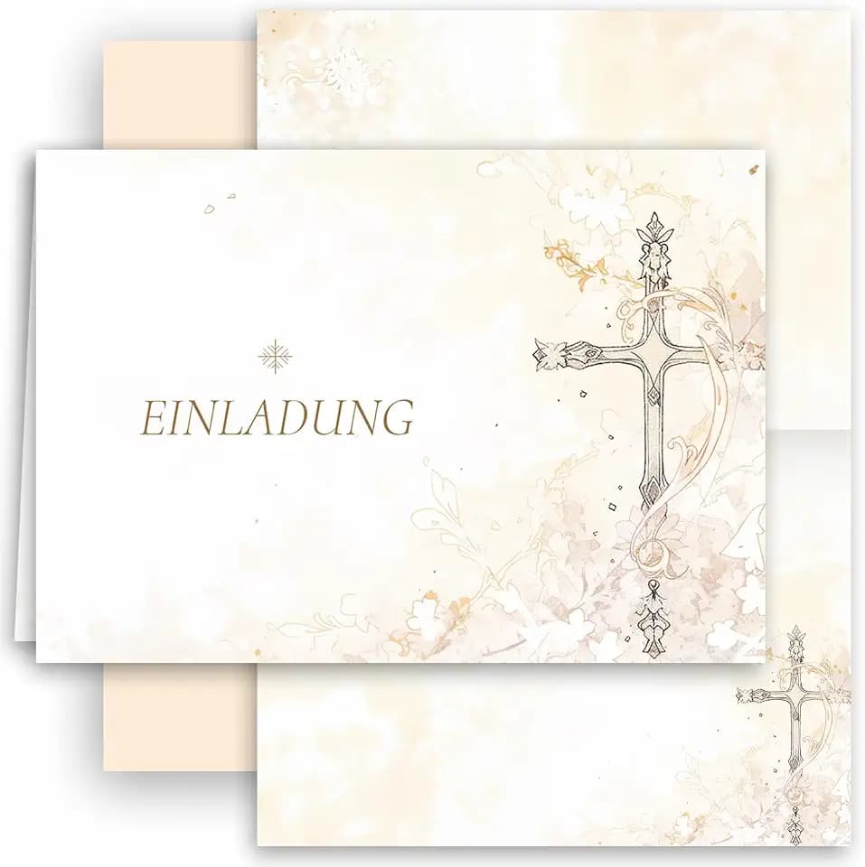 10 Einladungskarten mit Umschlag Einladung Klappkarten Karten stilvoll kreuz Aquarell zart zur Taufe Kommunion Konfirmation Firmung beige Gold Mädchen und Jungen zum selbst gestalten