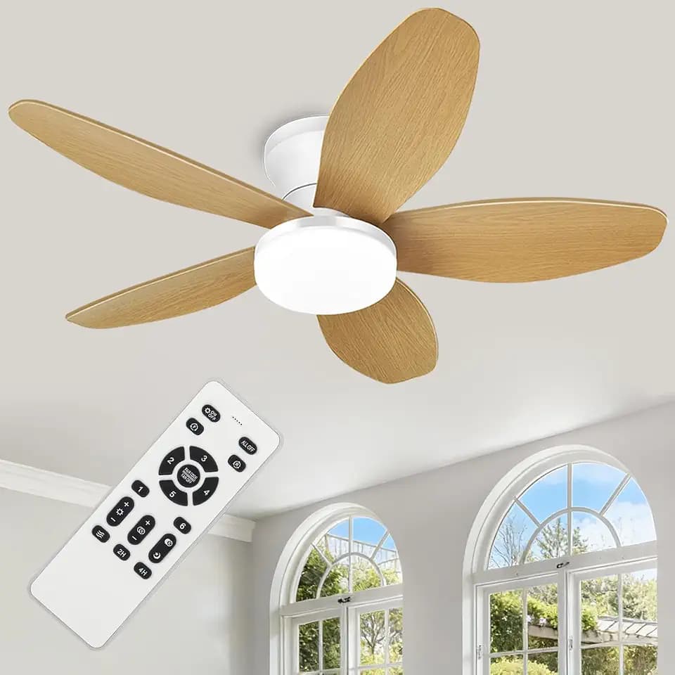 Small Ceiling Fan with Light - 35 Inch Flush Mount Ceiling Fan with Lights and Remote, Low Profile Ceiling Fans with 5 Reversible Blades, 6 Wind Speeds, White&Wood Ceiling Fans for Bedroom