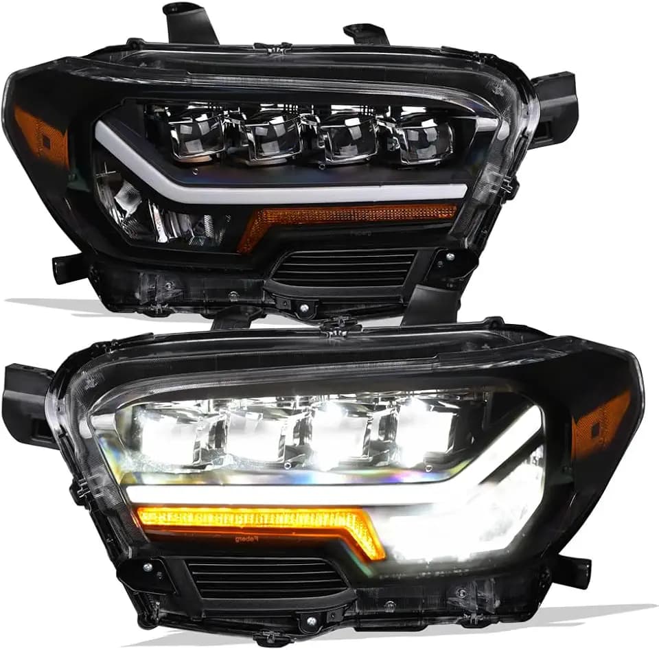 Alpha Owls Dynamic Full LED Quad Projector Headlights with Sequntial LED Signal|Compatible With 2016-2022 Toyota Tacoma|8742877|Black Amber
