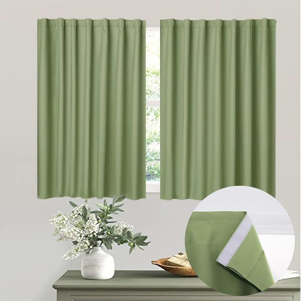 Muamar No Drill Blackout Curtain, Easy Install Window Curtain Panels, Portable Bedroom Curtains 2 Panel Sets, Light Blocking Shades for Window (Sage Green, 34" W x 45" L)