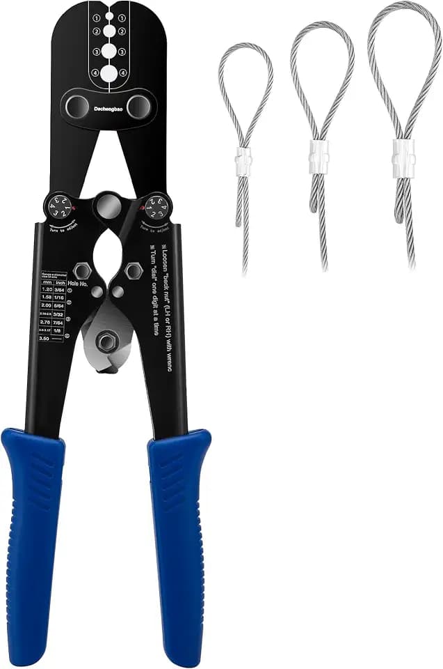 Presswerkzeug, Drahtseil-Crimpwerkzeuge für Aluminium-Kupfer-Duplex-Sanduhrhülsen, Stoppknöpfe und Aderendhülsen mit integriertem Kabelschneider. Funktioniert von 3/64 Zoll bis 1/8 Zoll