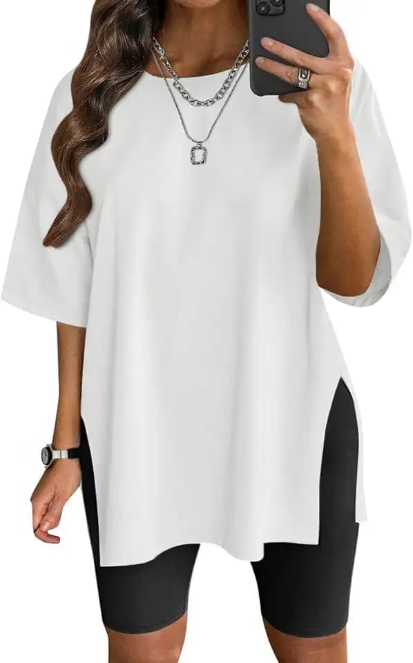 VNIRA Plus Size T Shirt for Women Oversized Cotton Short Sleeve Workout Top Loose Fit Side Split Casual Basic Tunic Top