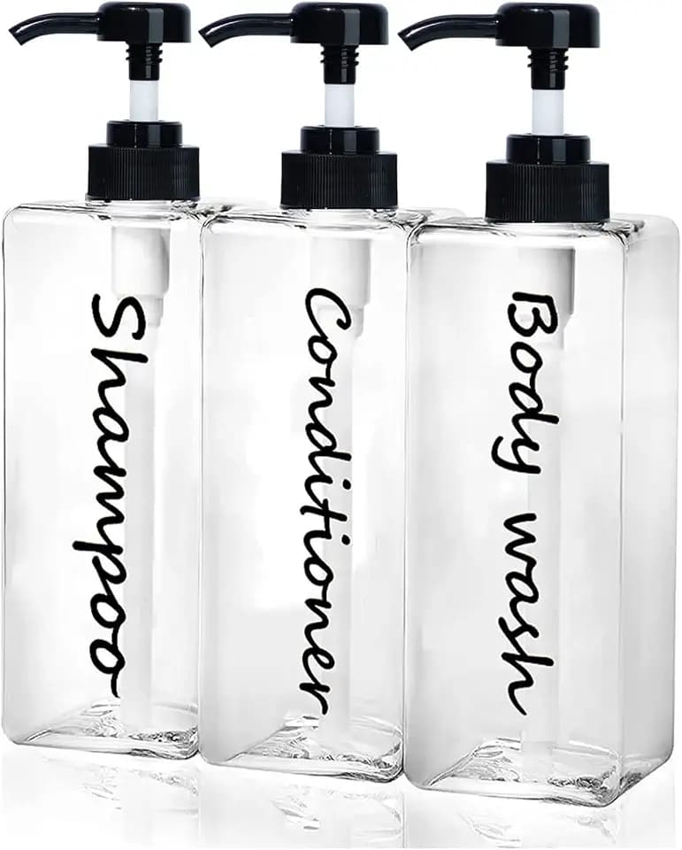 Shampoo Dispenser - Refillable Shampoo and Conditioner Bottles (Clear, Set of 3, 21oz) - Modern Shampoo Bottles for Shower Soap - Empty Shampoo Conditioner Body Wash Dispenser (Black) (Black)