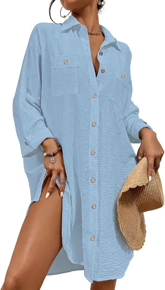 Bsubseach Damen Button Down Strandkleid V-Ausschnitt Badeanzug Resort Wear