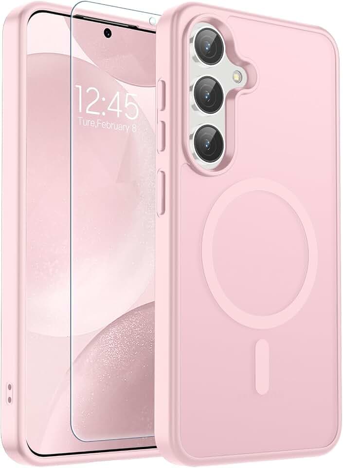 SUPFINE Magnetic for Samsung Galaxy S24 Case / S25 Case with Screen Protector, (Built-in Magnets) (Military Grade Drop Protection) Slim Translucent Shockproof Phone Case,Pink