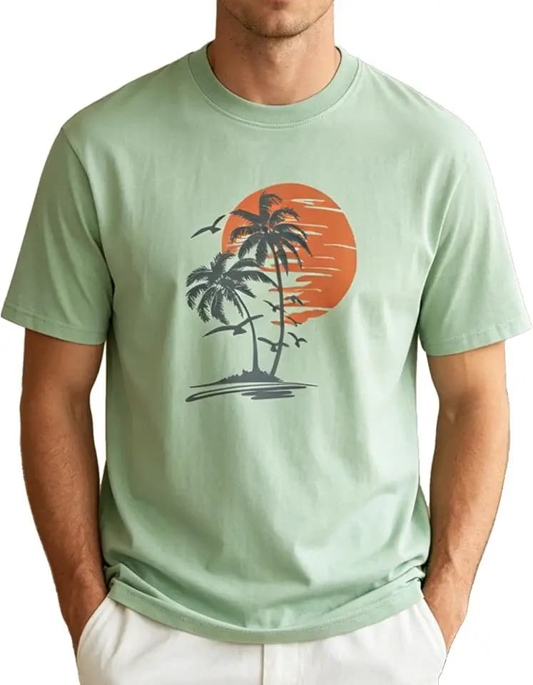 Mens Short Sleeve T-Shirts, Graphic Crew Neck Summer Beach Palm Tree Printed Hawaiian Tees