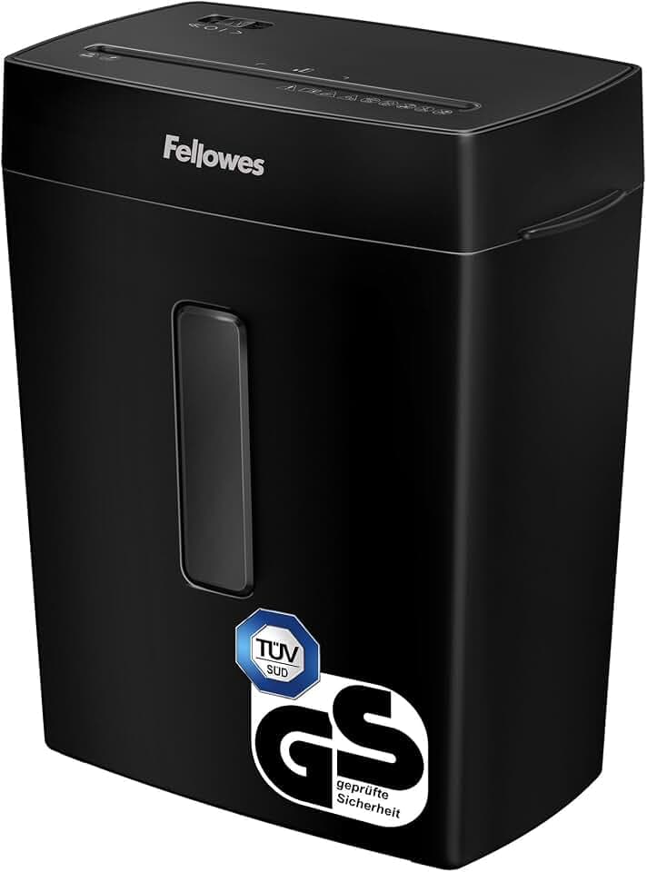 Fellowes Aktenvernichter, Papierschredder für 8 Blatt Partikelschnitt, Aktenvernichter P4, Schredder für Zuhause und Homeoffice, 15L Papierkorb, verarbeitet Kreditkarten, Heftklammern, Schwarz