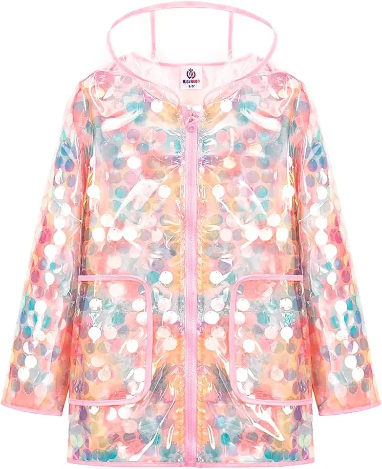 Girls Sequin Raincoat Waterproof Reusable Hooded Outwear Rain Jacket