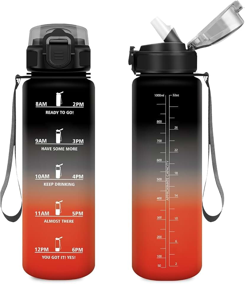Sportflasche 1L, Wasserflasche mit Strohhalm, Kohlensäure Geeignet, Motivierende Trinkflasche mit Zeitmarkierung, Auslaufsicher Trinkflasche für Klettern, Reisen, Fitnessstudio, Sprudel, Wandern