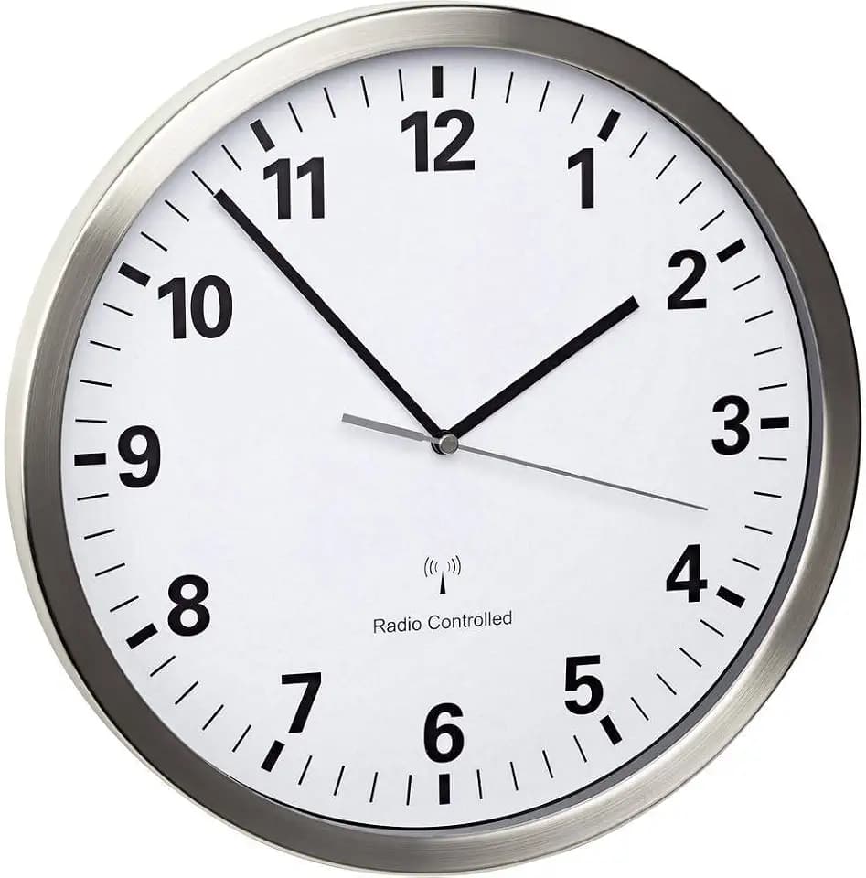 TFA Dostmann Analoge Funk Wanduhr mit Edelstahlrahmen, 60.3523, lautloses Uhrwerk, gut ablesbar, 30cm Durchmesser, inkl Batterien, für Innenräume, Funkuhr, weiß-Silber