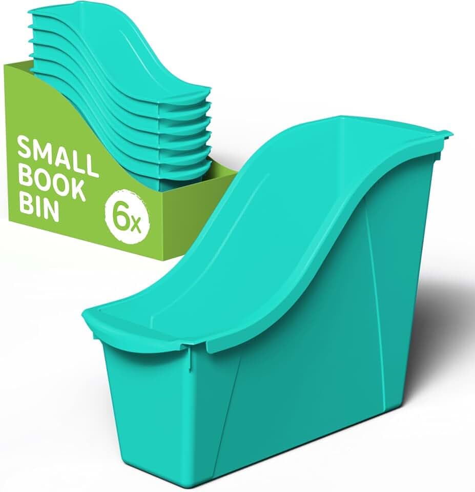 Storex Small Book Bin, Linking Storage Bin, Dry Erase Surface, 11.75" x 8.5" x 4.5" STEM Turquoise (Pack of 6)