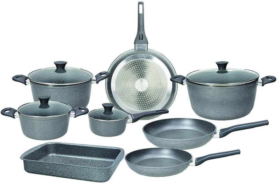 Tognana Phaetra Style Topf- und Pfannen-Set, 3 Pfannen, 4 Töpfe, 4 transparente Deckel, 1 Lasagneform, 12-teilig, Aluminium, Grau