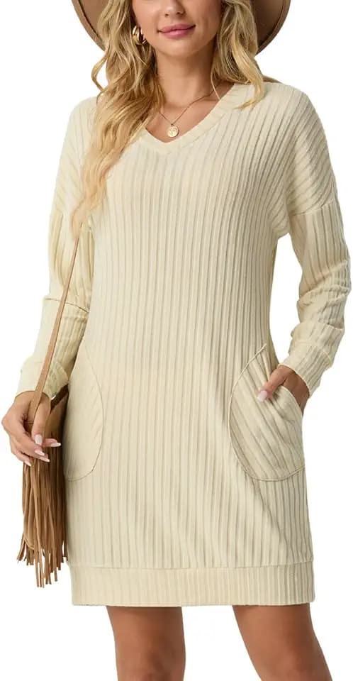 PrinStory Pulloverkleid Damen V-Ausschnitt Langarm Freizeitkleider Mit Taschen Herbst Winter Strickkleid
