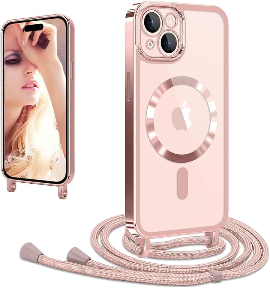 CaseLover Magnetische Handyband kompatibel iPhone 15 Hülle mit Band Klare Silikon Necklace Handyhülle mit Kordel zum Umhängen Stossfest mit Kameraschutz Bumper Schutzhülle für iPhone 15, Roségold