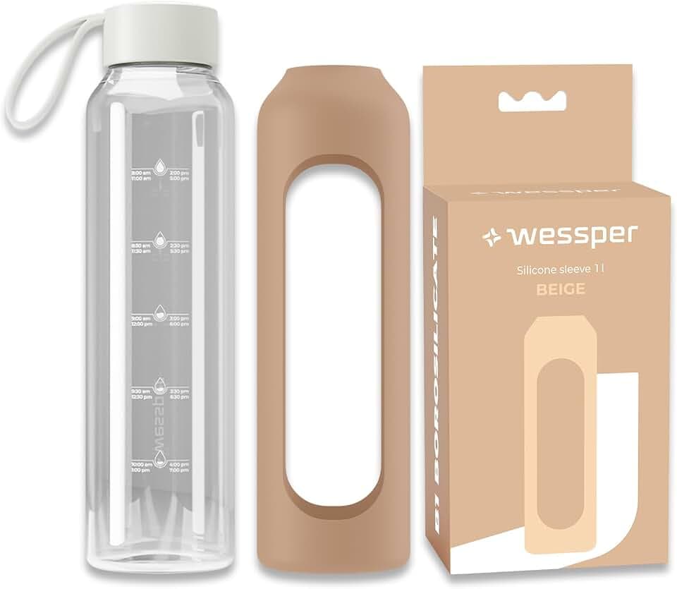 Wessper Trinkflasche aus Glas mit Silikonhülle, Borosilikatglas Flasche mit Zeitmarkierung 1liter, Sportflasche Ideal für Fitness, Schule Sport, Kinder - Beige