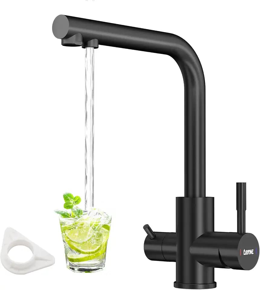 DAYONE Schwarz 3 Wege Wasserhahn mit Filter, SUS304 Edelstahl Trinkwasserhahn, 360 Drehbarer Wasserhahn mit Doppelhebel, 3 in 1 Wasserfilter Wasserhahn Küchen Mischbatterie 1 Loch, Küchenarmatur
