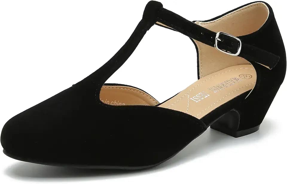 MAIERNISI JESSI Women's T-Strap Mary Jane Pumps, Low Block Heel, Closed Toe, Buckle Ankle Strap
