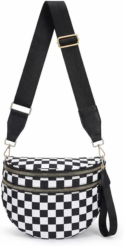 Checkered Crossbody Bag Nylon Bum Bags for Women Spacious Handbags Checkered Purse Fanny Packs with Shoulder Strap