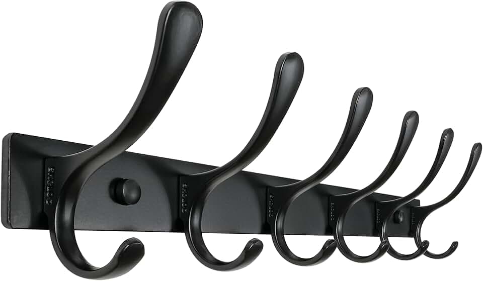 SKOLOO Coat Rack Wall Mounted - 6 Hooks, Heavy Duty, Stainless Steel, Metal Wall Hanger, Sturdy Coat Hooks for Hanging Coats, Jacket, Clothes, Hats - Black