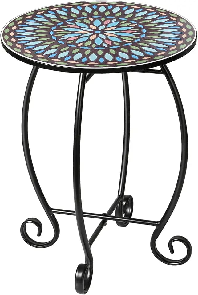14" Round End Table, Unique Relief Ceramic Tile Tabletop with Metal Frame, Metal Scrollwork Accent Side Table
