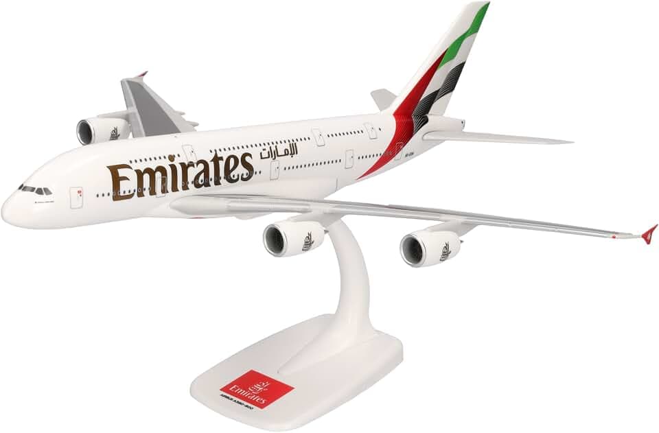 Herpa Snap-Fit Modellflugzeug Emirates Airbus A380 Miniatur im Maßstab 1:250, Sammlerstück, Modell mit Standfuß, Kunststoff