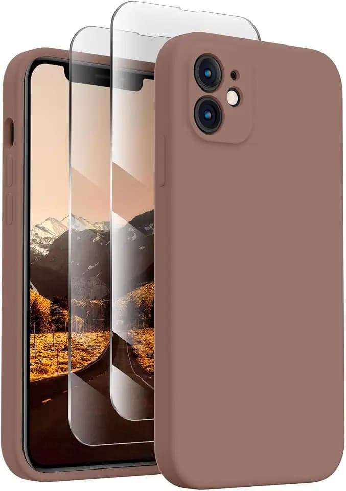 Designed for iPhone 11 Phone Case,[Straight Edges][Camera Protection] Silicone Upgraded Shockproof Case with [2X Screen Protectors],Soft Anti-Scratch Microfiber Lining, 6.1 inch, Light Brown