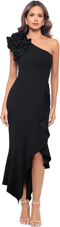 Xscape Women's One Shoulder Asymmetric Ruffle Hem Scuba Crepe Midi Dress
