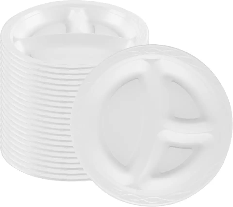 Restaurantware-Chef 101 10.4 Inch Microwavable Food Plates, 100 Round Plastic Plates - 3 Compartments, Disposable, White Plastic Dinner Plates, Serve Hot And Cold Foods, For Restaurants And Cafes