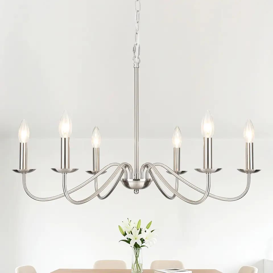6-Light Brushed Nickel Chandelier, Modern Candle Chandelier Light Fixture, 27.5'' Contemporary Dining Room Chandelier for Kitchen Island Living Room Entryway