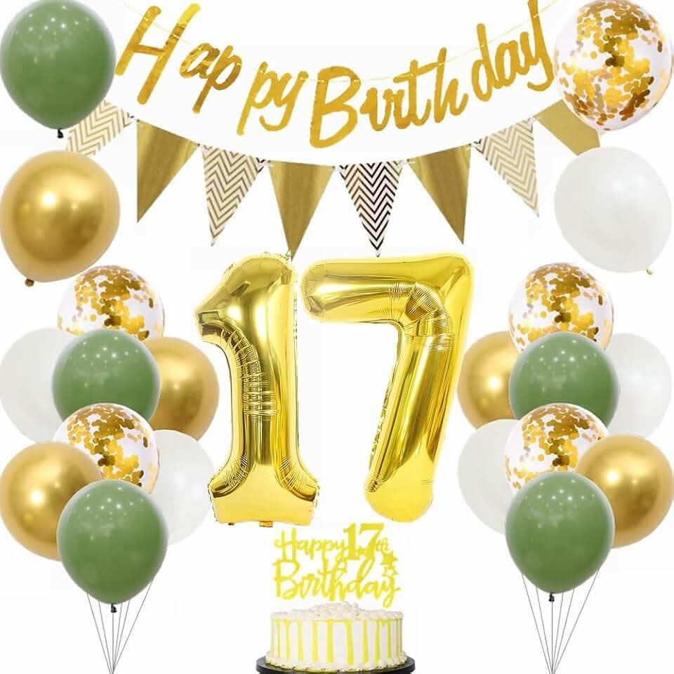 Deko 17 Geburtstag Junge Mädchen 17 Jahre Geburtstag Party Dekoration 17. Tortendeko Sage Grün Weiß Gold Party Ballons