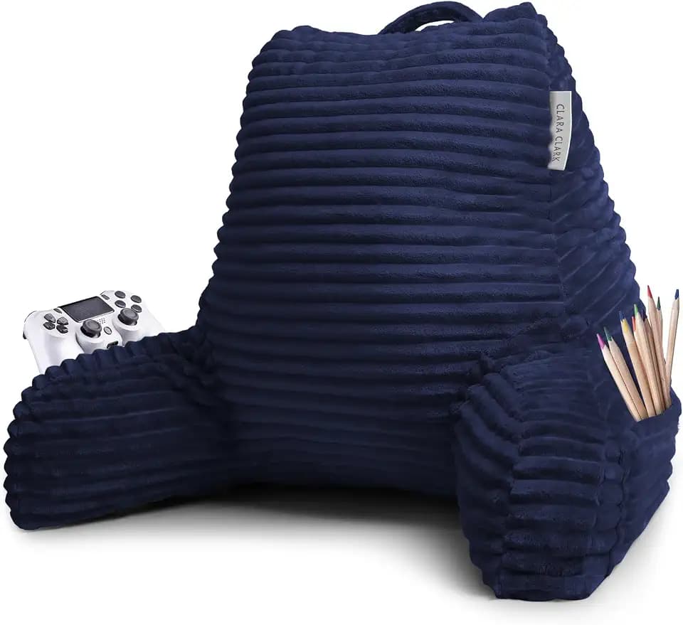 Clara Clark Reading Pillow for Bed Adult – Back Pillow for Sitting in Bed, Standard Plush Bed Pillows for Sitting Up in Bed, Shredded Foam Bed Chair Pillow with Arms and Pockets, Navy Bed Rest Pillow